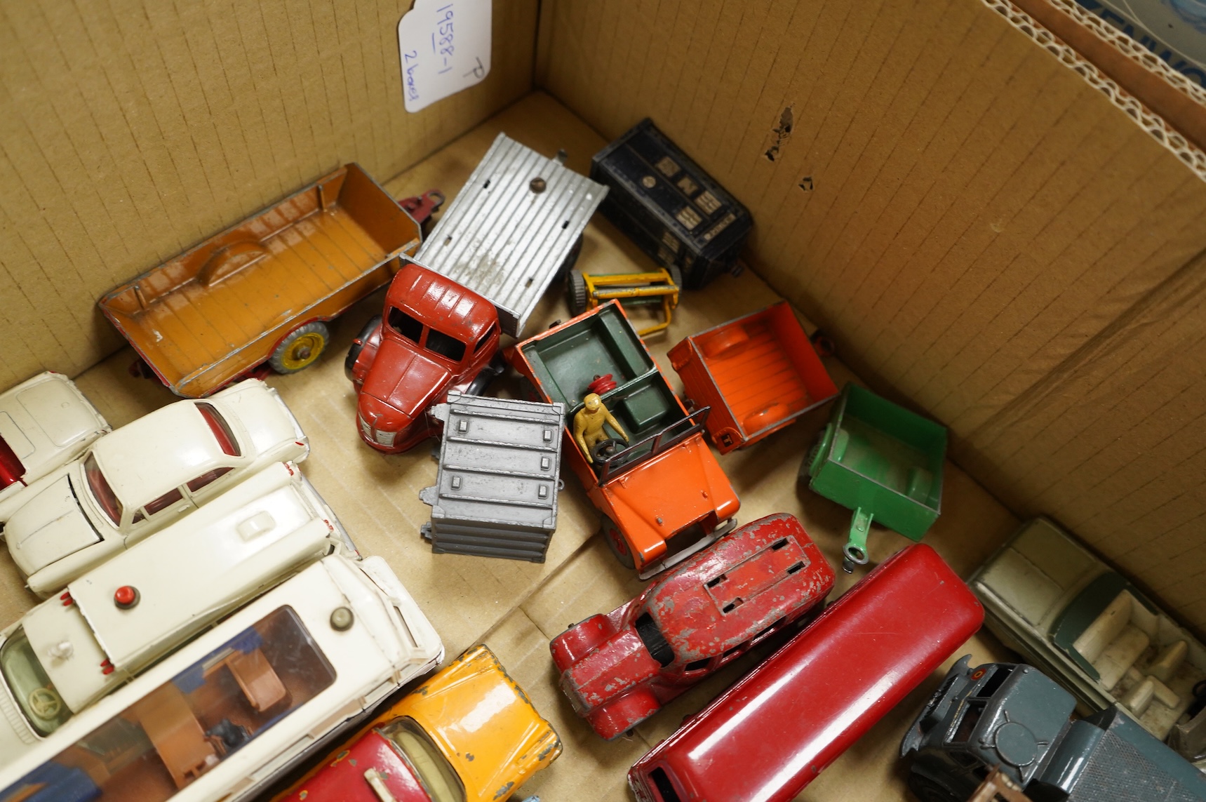 A collection of thirty-five Dinky Toys and five Spot On diecast vehicles, including; a Foden tanker, Leyland octopus, Maudsley horsebox, telephone service van, Royal mail van, and a selection of other cars and commercial